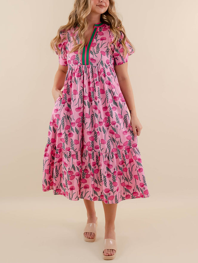 Women's Summer Midi Dress Casual Floral Puff Short Sleeve V Neck Swing