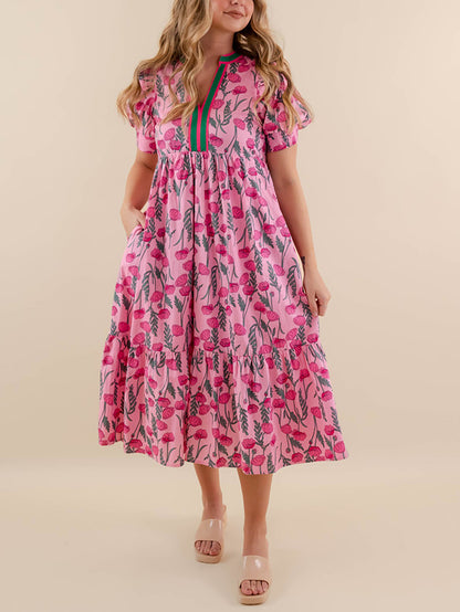 Women's Summer Midi Dress Casual Floral Puff Short Sleeve V Neck Swing