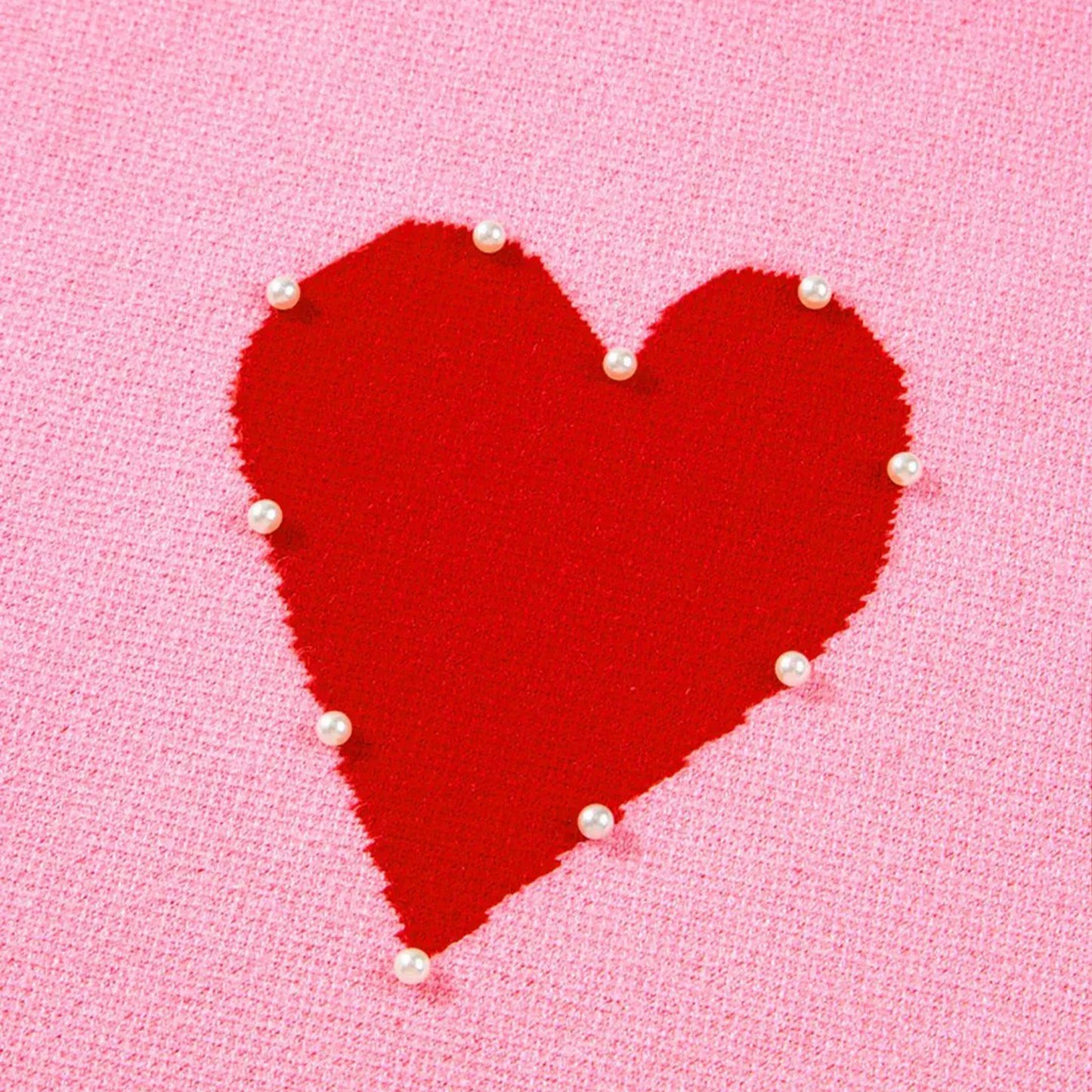Pearl Embellished Heart Pattern Valentines Day Sweater