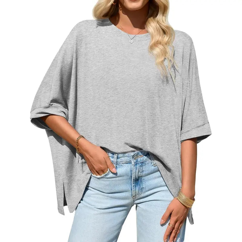 Women Batwing Sleeve Oversized Tee, Asymmetric Hem Casual Top