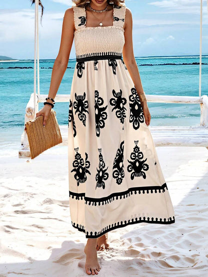 Womens Casual Sleeveless Square Neck Floral Aline Smocked Dresses with Pockets