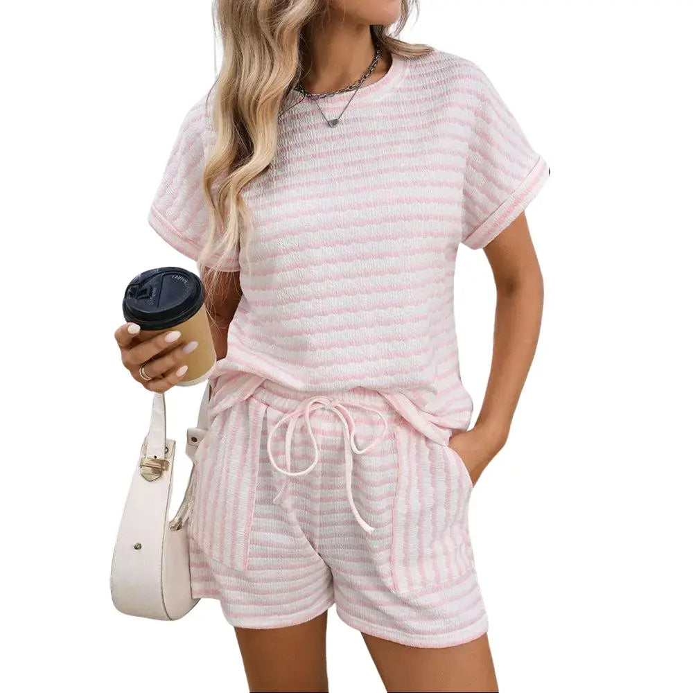 2 Piece Lounge Set Women Stripe Knit Short Sleeve Tee Shirts Shorts