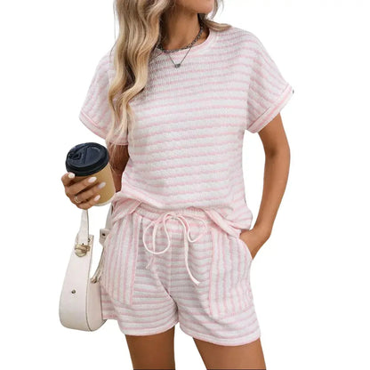 2 Piece Lounge Set Women Stripe Knit Short Sleeve Tee Shirts Shorts