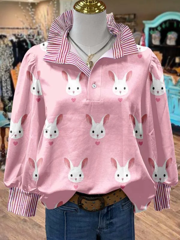 ✨Vintage Floral Print Striped Collar Top