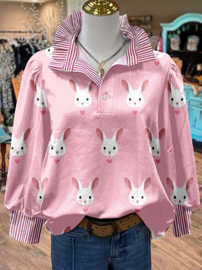 ✨Vintage Floral Print Striped Collar Top