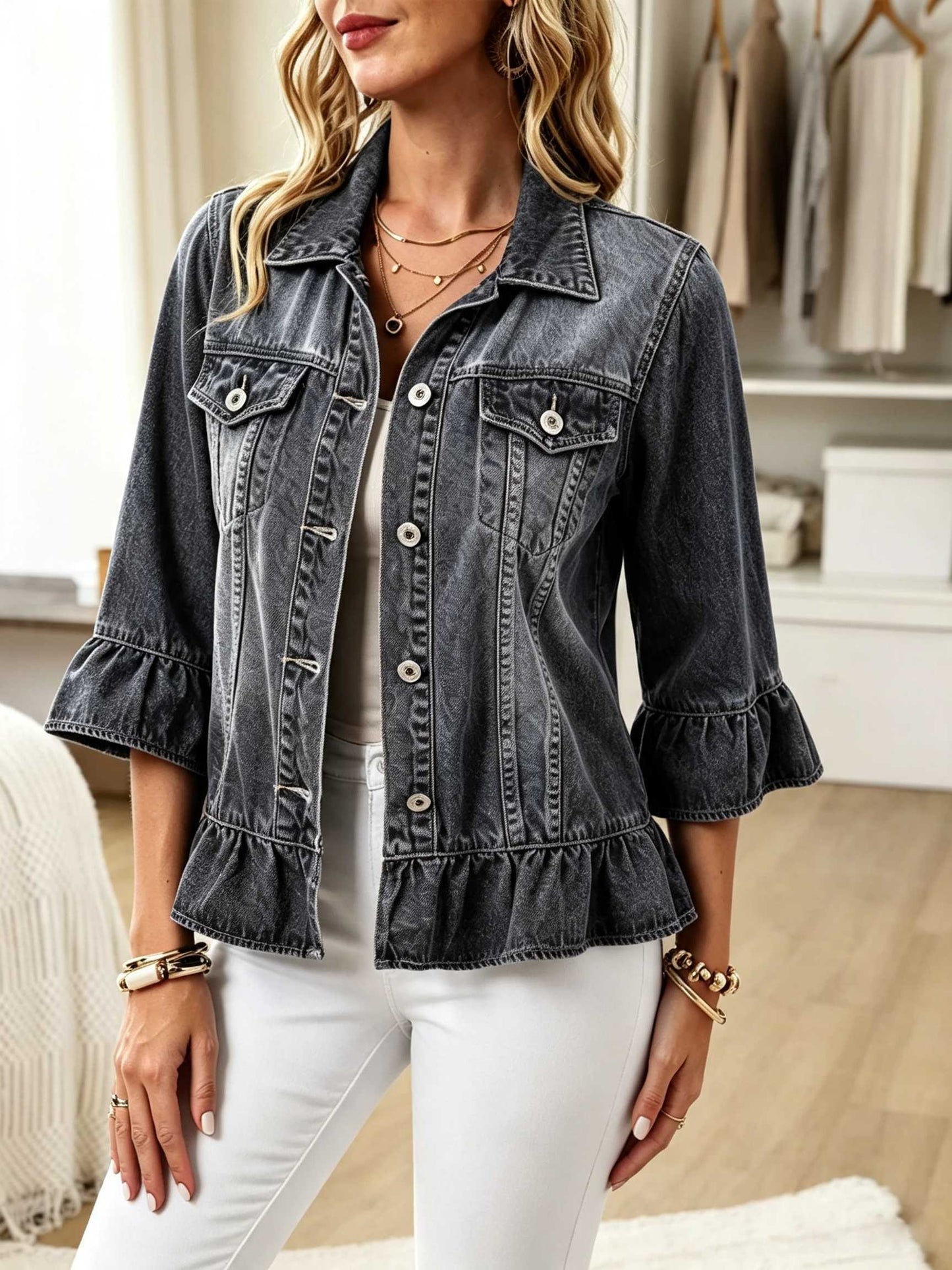 Women's Lightweight Vintage 3/4 Sleeve Ruffle Washed Denim Jacket