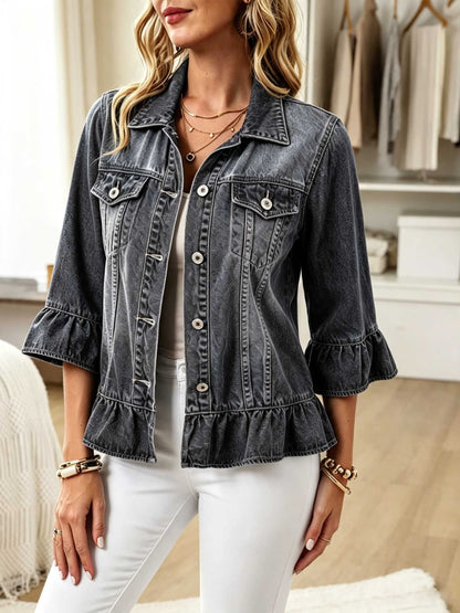 Women's Lightweight Vintage 3/4 Sleeve Ruffle Washed Denim Jacket
