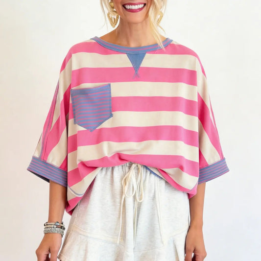 Women's T-shirts Striped Drop Shoulder Pocket T-shirt