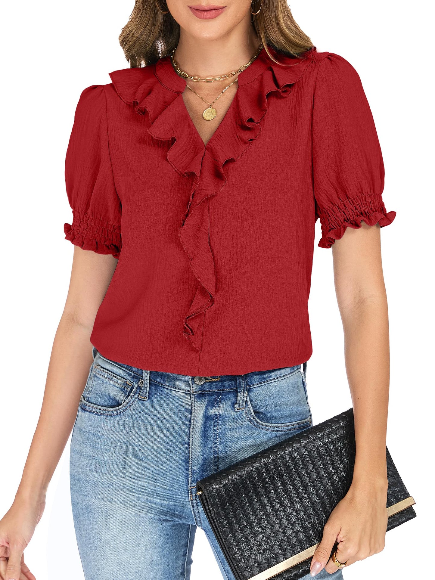 Womens Blouses Dressy Casual Puff Sleeve V Neck Ruffle Tops