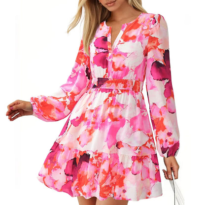 Women's Elastic Waist Boho Beach Vacation Clothes Floral Mini Summer Dress