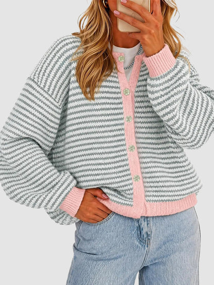 Hot Sale-Women's Color-Block Striped Button-Front Knit Cardigan