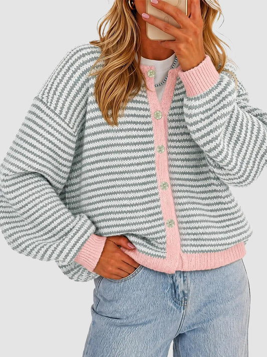 Hot Sale-Women's Color-Block Striped Button-Front Knit Cardigan