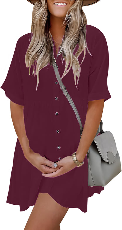 Women's Short Sleeve Babydoll Dress Button Down Dresses with Pockets