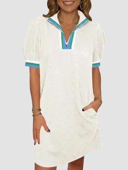 Color Block Collar Zip Puff Sleeve Casual Mini Dress