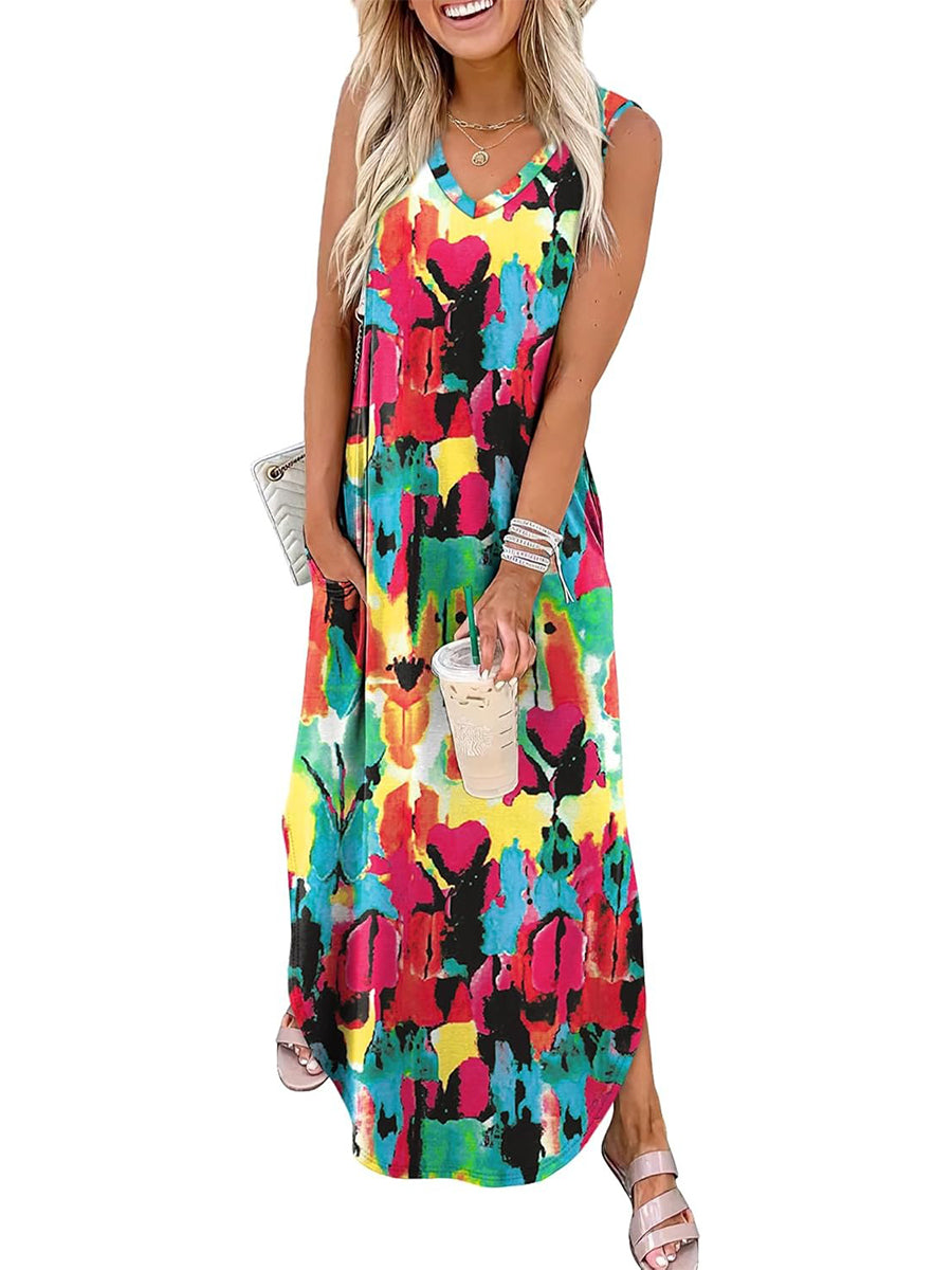 ⏰Hot Sale-Women's Boho Print V Neck Split Tank Long Dress with Pockets