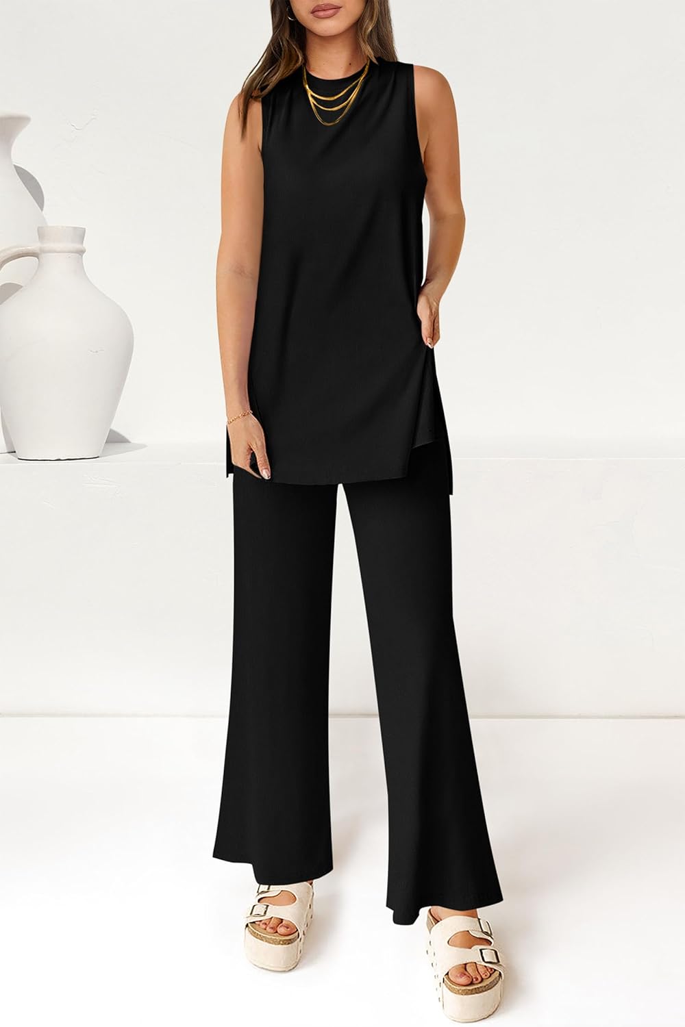 Women's Casual Loose Tank Top Wide Leg Pants 2 Piece Lounge Set