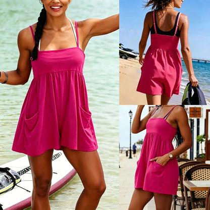 Summer Strappy Romper for Women Square Casual Oversized Workout Athletic Romper Neck Backless
