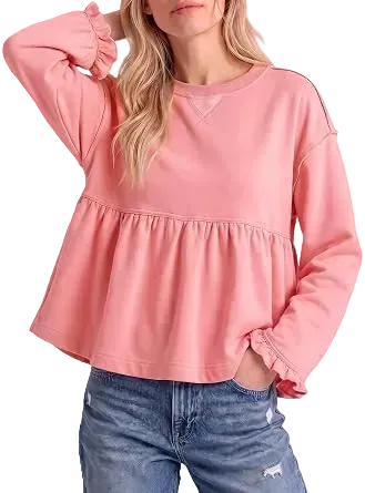 Women Crew Neck Ruffle Cuff Peplum Top