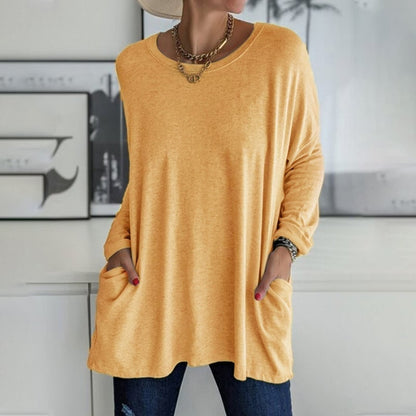 ⏰HOT SALE-Round Neck Long Sleeve Loose Pocket Solid T-Shirt