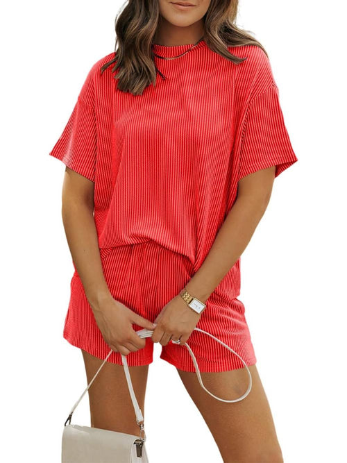 ⏰Hot Sale-Women's Ribbed Textured Knit Loose Lounge Shorts 2 Piece Set