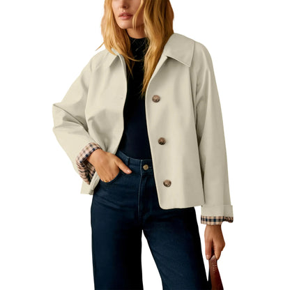 Women Lapel Collar Plaid Lined Single Breasted Cropped Outerwear