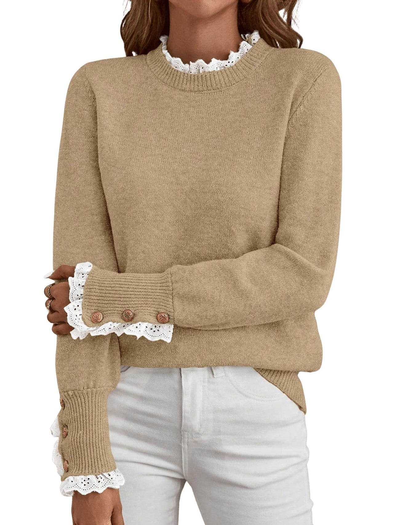 ✨Women's Long Sleeve Knitted Button Lace Trim Sweater