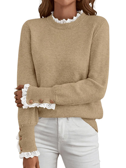 ✨Women's Long Sleeve Knitted Button Lace Trim Sweater