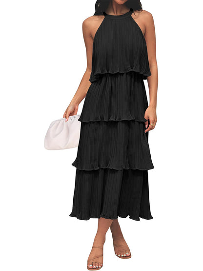 ⏰Hot Sale-Women's Summer Halter Neck Ruffle Tiered Layered Chiffon Flowy Swing Midi Dress