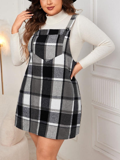 Plus Size Plaid Print Pocket Pinafore Dress