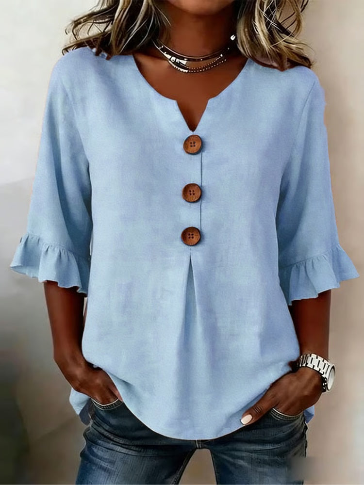Women's V-Neck Wood Button Ruffle Sleeve Blouse