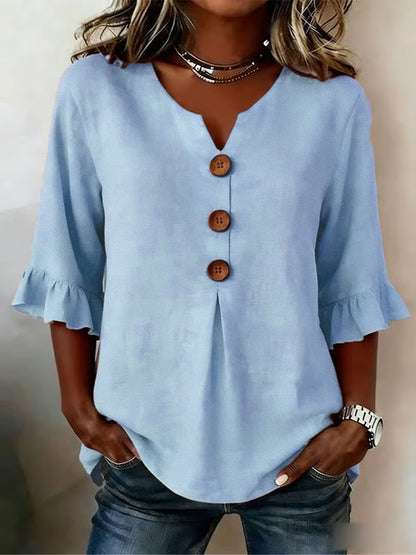 Women's V-Neck Wood Button Ruffle Sleeve Blouse