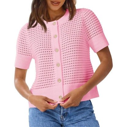 Womens Crochet Short Sleeve Cardigans Button Up Crew Neck Summer