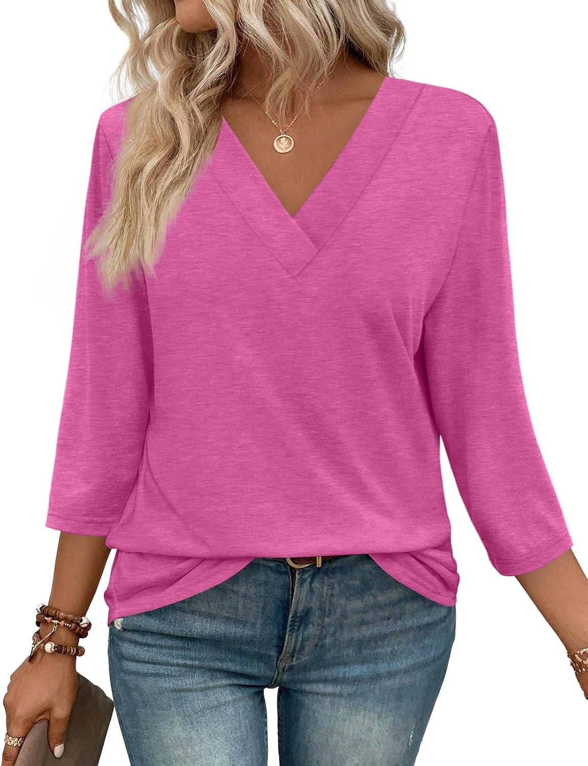 ✨Women's Trendy V Neck 3/4 Long Sleeve Tops Loose Fit Blouse