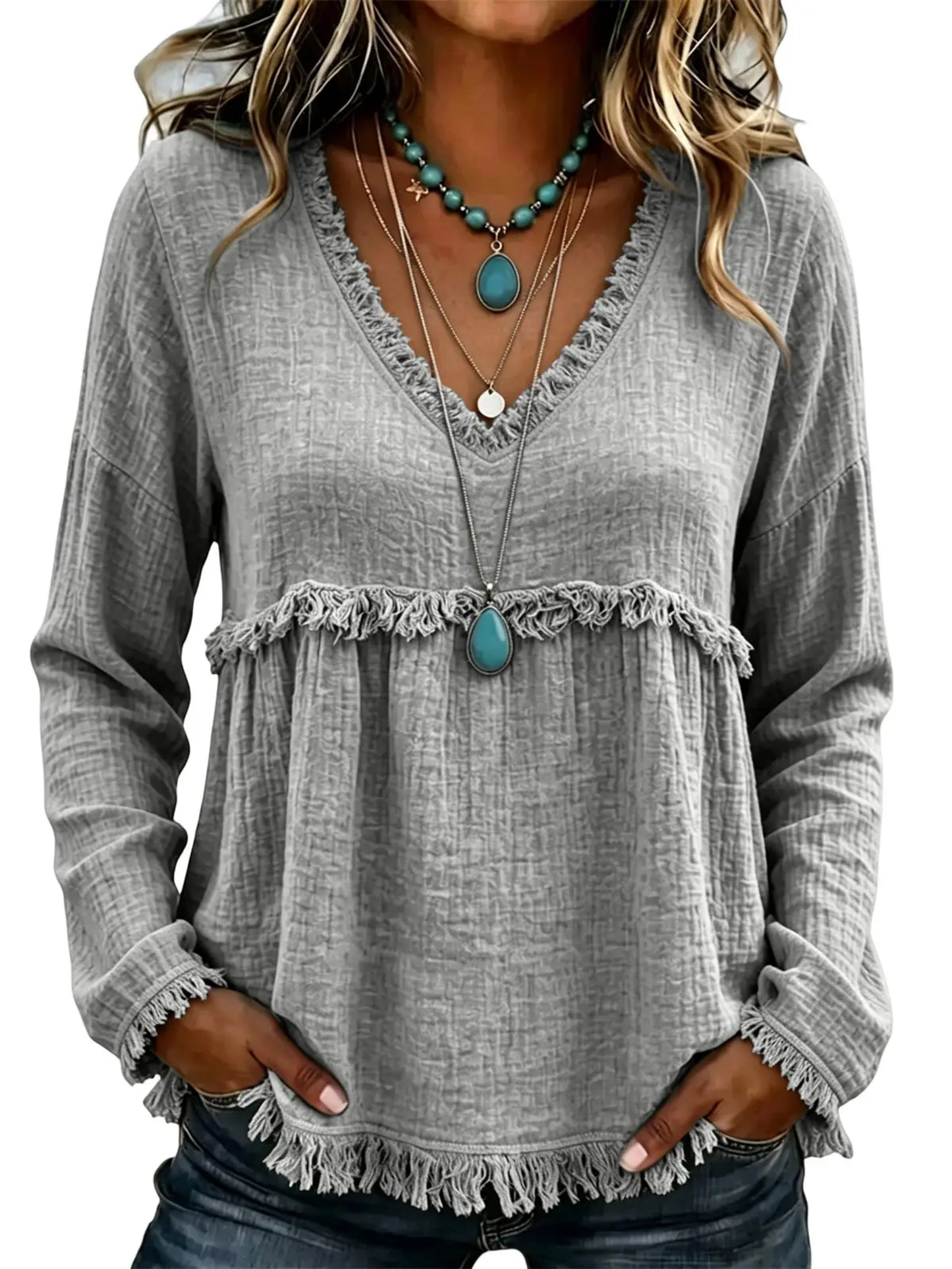 Boho V‑Neck Fringe Long Sleeve Top | Babydoll Loose Silhouette