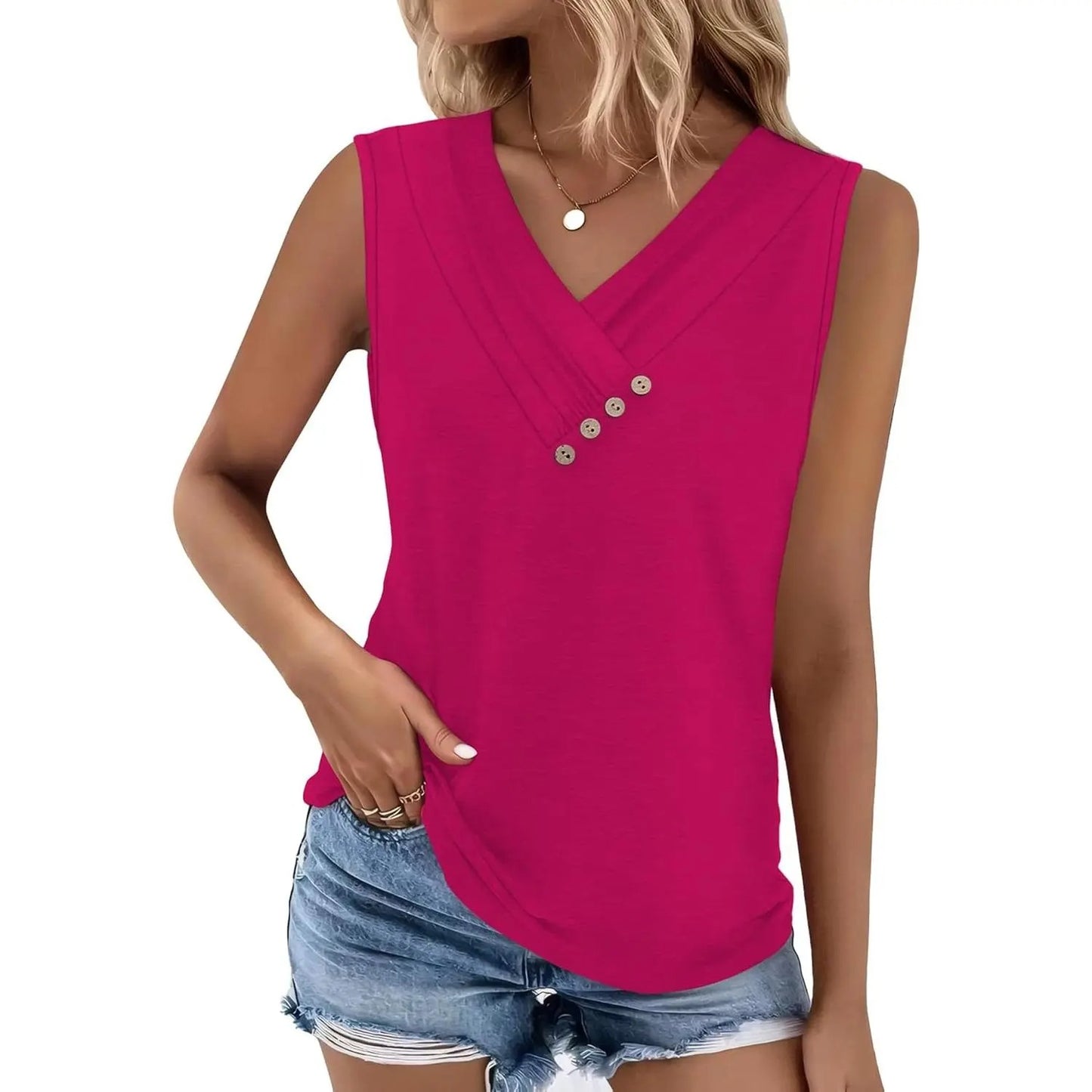 Women's V-Neck Sleeveless Button Tank Top