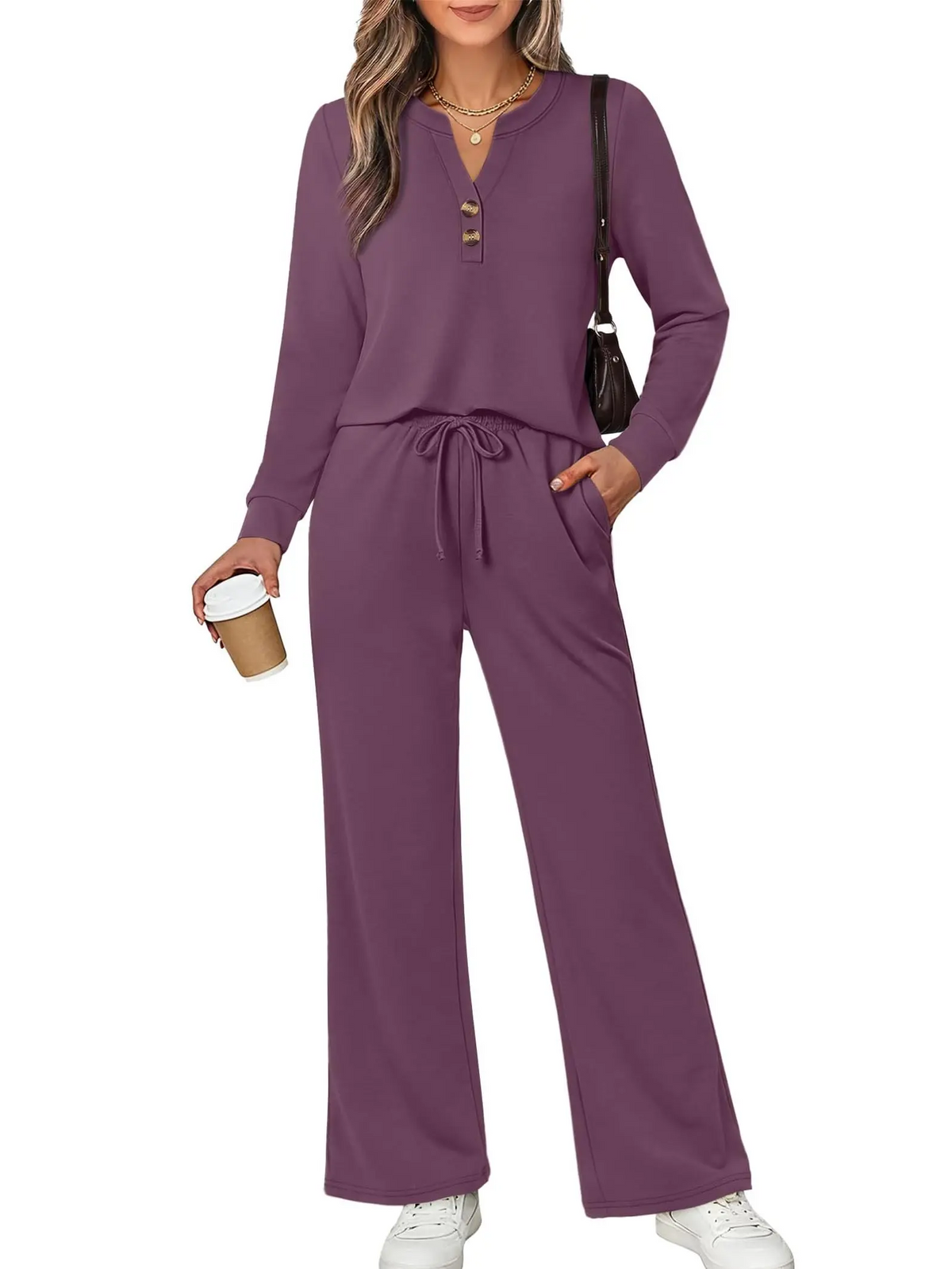 ⏰Hot Sale-Women Two Piece Lounge Set Long Sleeve Top Wide Leg Pants