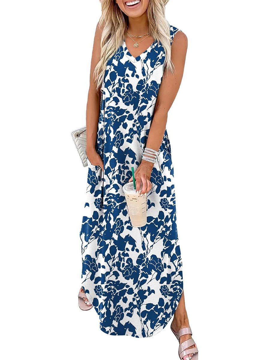 ⏰Hot Sale-Women's Boho Print V Neck Split Tank Long Dress with Pockets