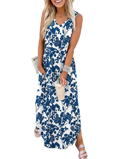 ⏰Hot Sale-Women's Boho Print V Neck Split Tank Long Dress with Pockets