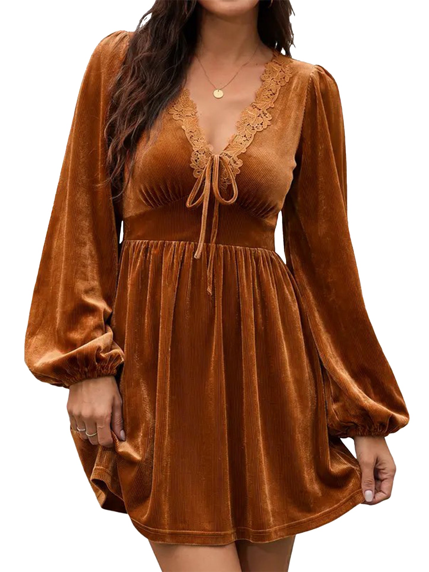 Women Boho Lace V‑Neck Tie Front Lantern Sleeve Mini Dress With Pockets