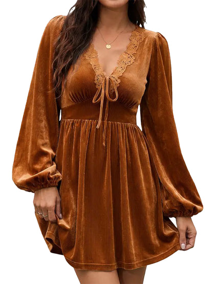 Women Boho Lace V‑Neck Tie Front Lantern Sleeve Mini Dress With Pockets