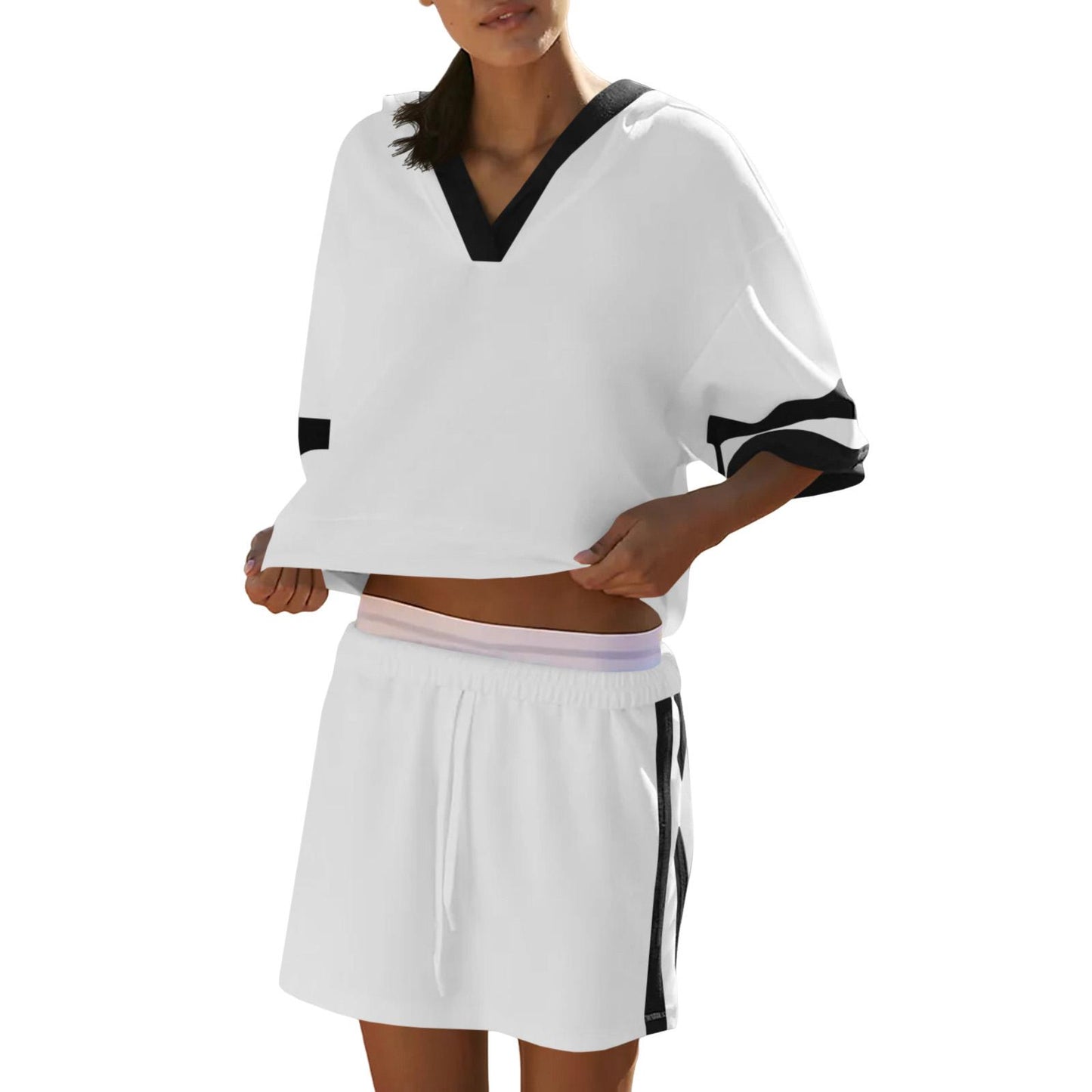 Women’s Sporty V-Neck Hooded Color Block Skort Set