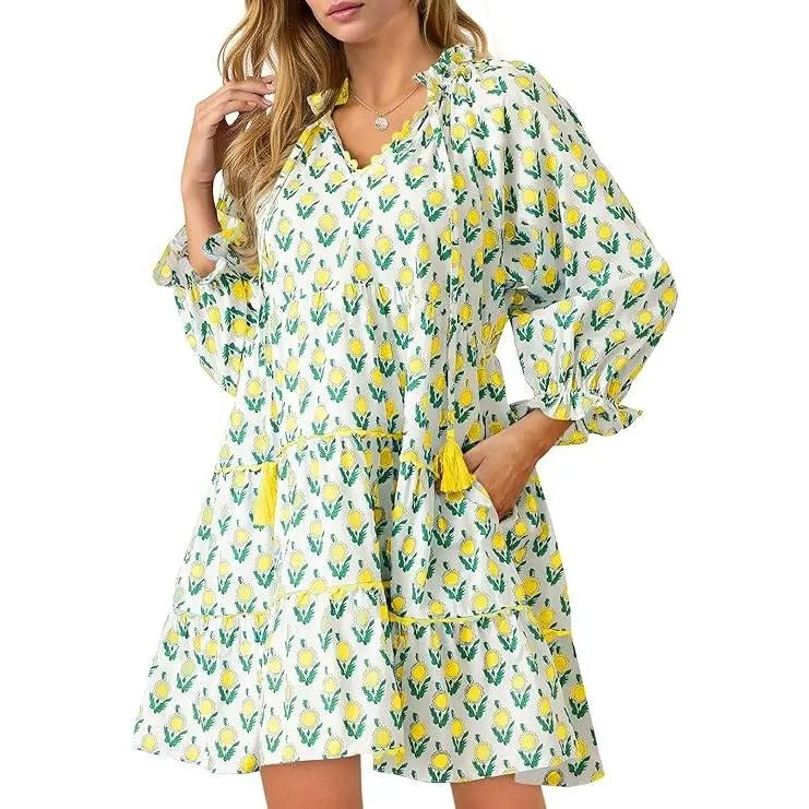 Women's Casual Floral Ruffle V-Neck Mini Dress with Pockets