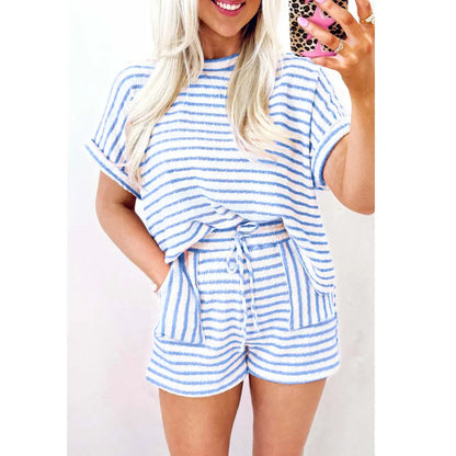 2 Piece Lounge Set Women Stripe Knit Short Sleeve Tee Shirts Shorts