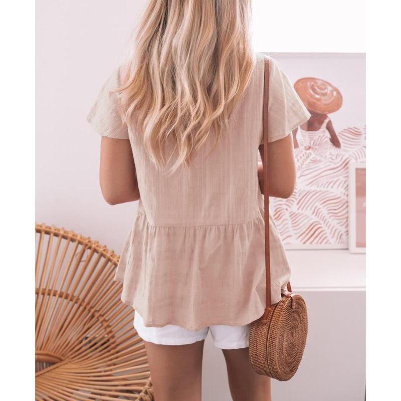 Women's Short Sleeve V Neck Blouse Button Down Shirt Loose Casual Ruffle Hem Babydoll Peplum Top