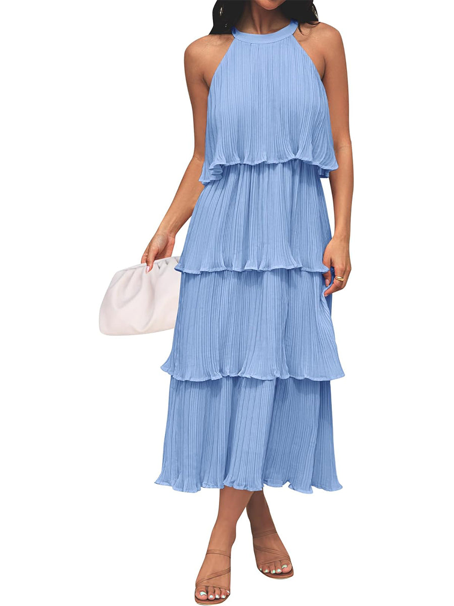 ⏰Hot Sale-Women's Summer Halter Neck Ruffle Tiered Layered Chiffon Flowy Swing Midi Dress