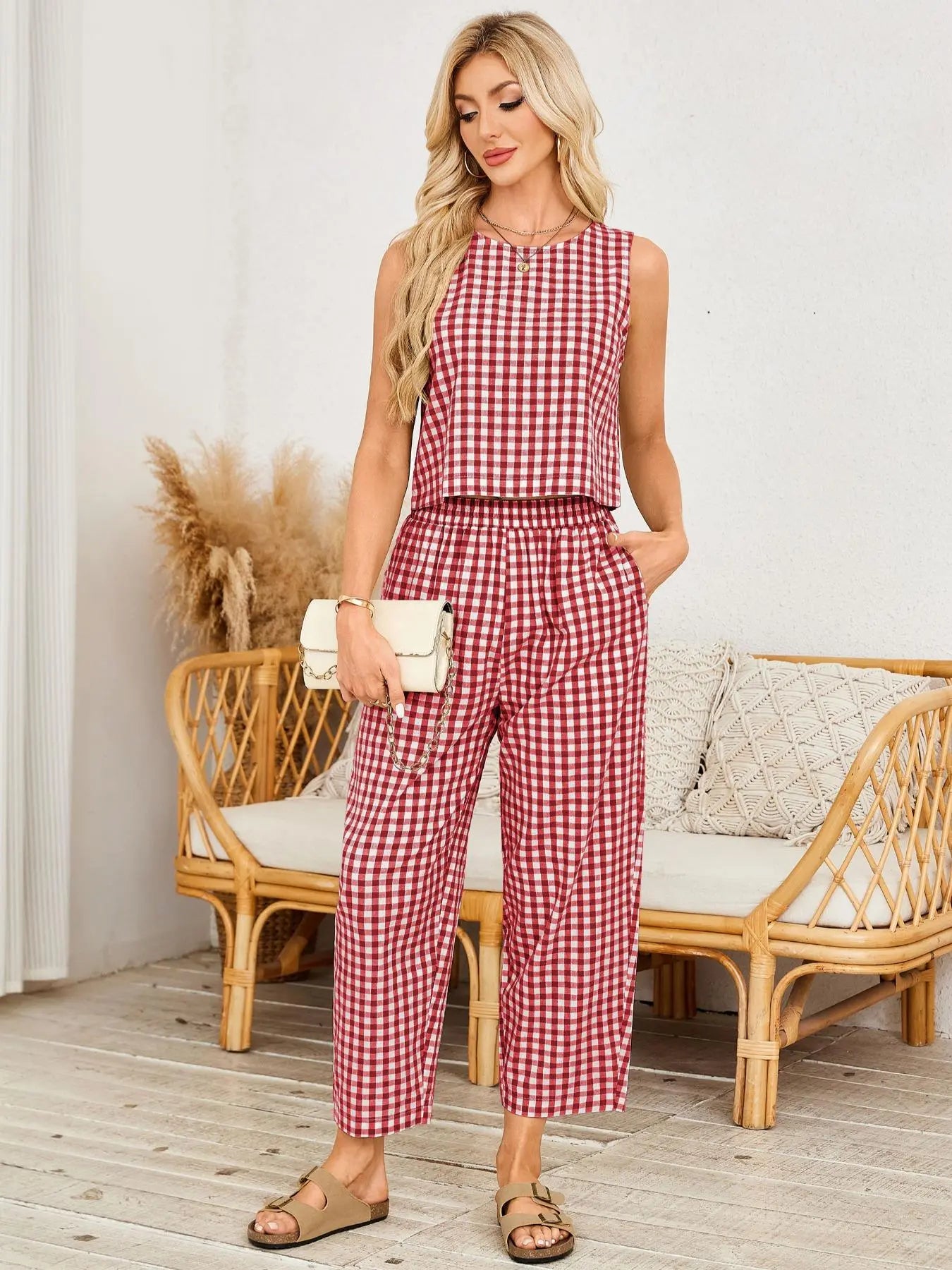 Women's Gingham Sleeveless Tank Top & Barrel Pants Set