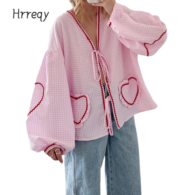 ⏰Hot Sale-Women Long Sleeve Shirts Heart Embroidery Plaid Front Bowknot Tie-Up Blouses