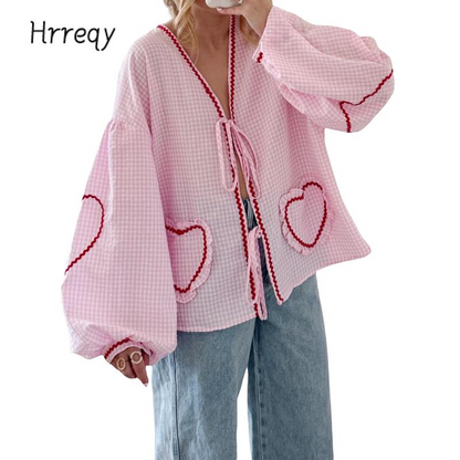 ⏰Hot Sale-Women Long Sleeve Shirts Heart Embroidery Plaid Front Bowknot Tie-Up Blouses