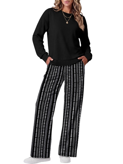 🎀Women Two Piece Outfit Crew Neck Top And Wide Leg Pants Set