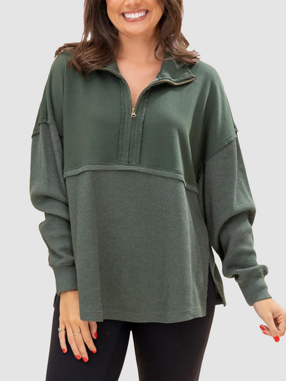 Women Waffle Knit Quarter Zip Long Sleeve Pullover